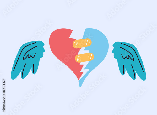 Broken heart sad character face bandage crack isolated set. Vector graphic design illustration