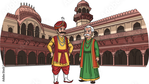 Indian historical palace scene with royal king and noble advisor, traditional architecture, cultural heritage, cartoon vector illustration for educational and storytelling content