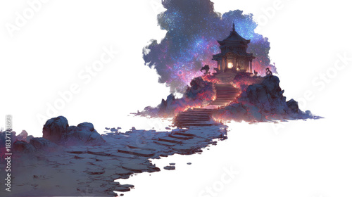 Majestic celestial temple on glowing mountain path beneath vibrant starry sky with illuminated steps and mystical atmosphere isolated on white background