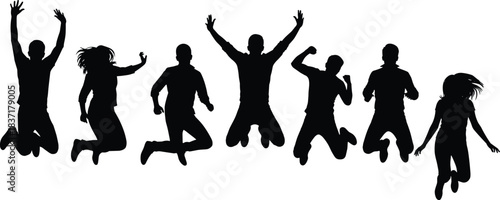 Jumping people silhouette set, joyful movement vector, energetic poses expressing freedom, celebration, youth, and group happiness design