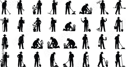 Extensive set of 32 male gardener silhouettes vector collection, shown planting, digging, and using tools, representing agriculture, horticulture, professional 