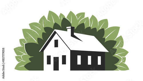 House Amidst Nature's Embrace: An artistic rendering of a charming house nestled within a vibrant array of lush green foliage, symbolizing harmony and connection with nature.