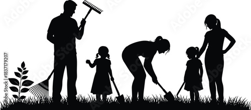 Family gardening, parents and children working together outdoors, planting, raking, and digging soil in a grassy yard, black silhouette vector illustration, 