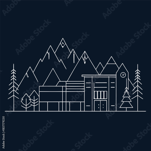 Minimal line-art illustration of a modern house in front of mountains, clean white outlines on a dark background