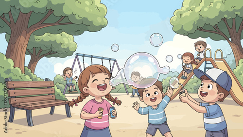 Children happily playing in a park blowing bubbles and enjoying a sunny day with playground in the background