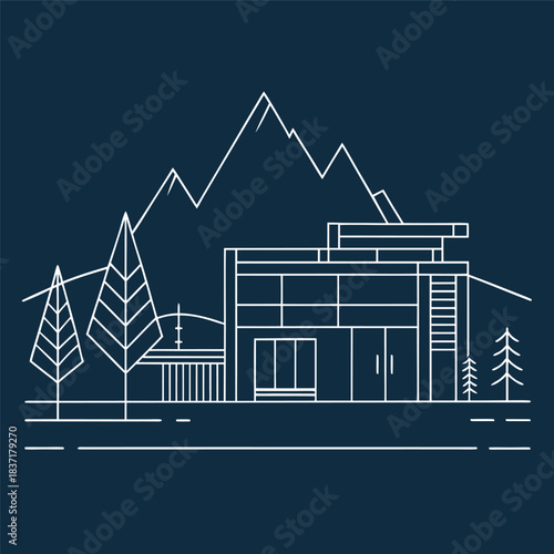 Minimal line-art illustration of a modern house in front of mountains, clean white outlines on a dark background