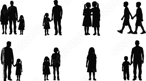Family silhouettes collection featuring parents with children holding hands, siblings walking together, boys and girls, vector illustration isolated on white background, people set