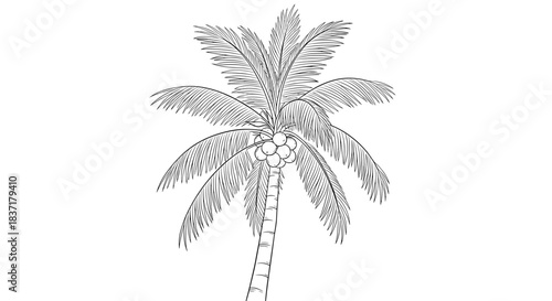Black and white line drawing illustration of a coconut palm tree with coconuts