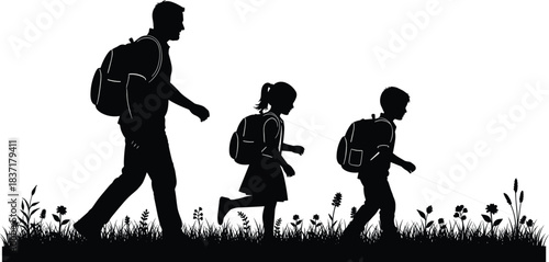 Father or guardian walking with school-age children, a daughter and son, carrying backpacks in nature, silhouette vector illustration background on grass with flowers.