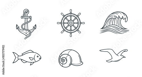 Set of six nautical and marine themed line art icons anchor, ship wheel, wave, fish, seashell, and seagull