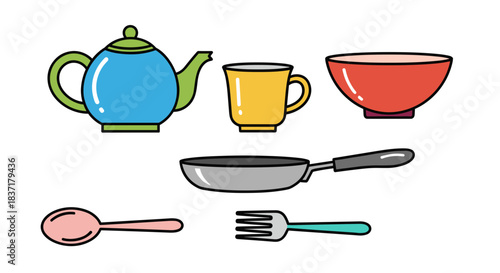 Set of colorful kitchen utensils and tableware icons teapot, cup, bowl, frying pan, spoon, and fork