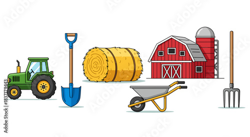 Set of colorful farm equipment and agricultural objects icons