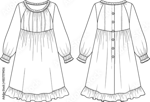 Feminine long sleeve nightgown or baby doll dress CAD drawing flat vector illustration with smocked cuffs, ruffled hem, and button-down back for fashion design and apparel mockups