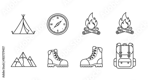 Set of outline icons for camping and hiking tent, compass, campfire, mountains, boots, and backpack