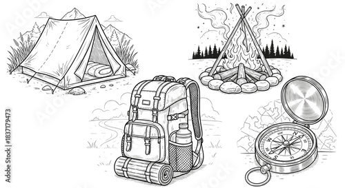 Collection of camping and hiking gear tent, backpack, campfire, and compass in sketch style