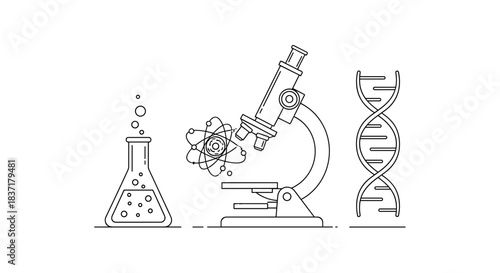 Science and research icons microscope, dna helix, flask, and atom symbol, black and white outline drawing