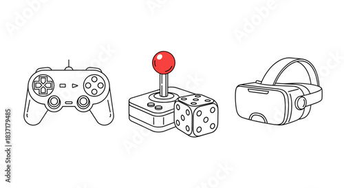 Collection of gaming devices gamepad, arcade joystick, and virtual reality headset line art