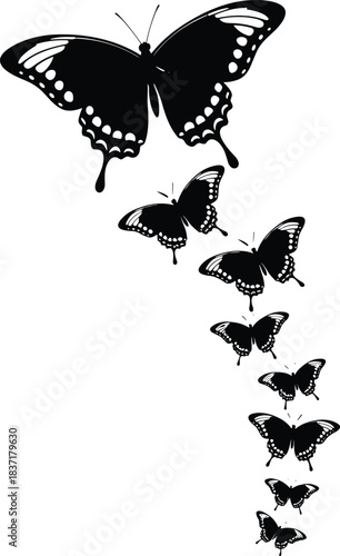 Flock of flying black butterflies silhouette, decorative insect swarm vector illustration isolated on white background, nature tattoo design concept, beautiful swallowtail species