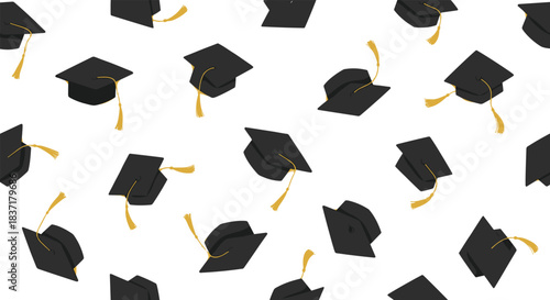 Pattern of black graduation caps with gold tassels on white background, ideal for academic, celebratory, or milestone-themed vector illustration content