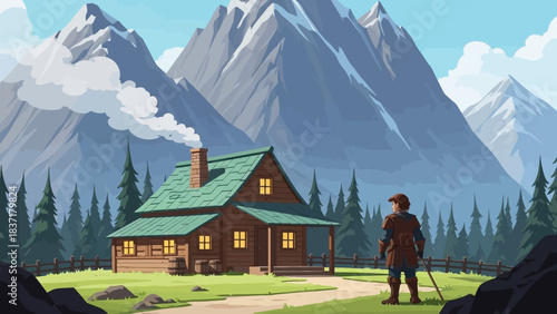 A person stands on a path looking at a cozy wooden cabin nestled among pine trees with majestic snow-capped mountains in the background under a clear blue sky.