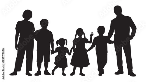 Silhouette of a diverse family group with parents and children holding hands, walking together in unity and harmony, representing togetherness and connection.