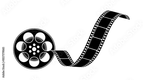 Vintage film reel with cinematic strip unfurling, representing classic movie production, filmmaking, and nostalgic entertainment in a clean, isolated graphic.