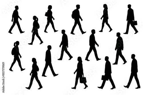 A white background filled sparsely with multiple black silhouettes of people walking. The figures are scattered across the canvas without interacting with each other. They vary in gender and posture; 