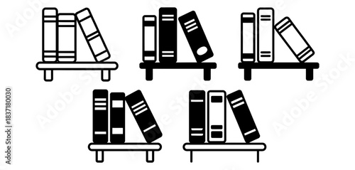 Collection of stylized iconographic illustrations of bookshelves filled with books, representing knowledge and education.
