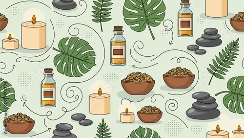 Seamless pattern of spa and wellness elements candles, essential oil bottles, stones, and tropical leaves