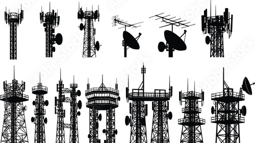 Silhouette collection of communication towers and antennas with diverse designs, perfect for technology, broadcast, or infrastructure vector illustration content
