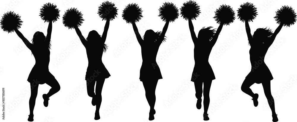 Εκτύπωση καμβά Silhouetted cheerleaders with raised pom-poms in dynamic poses, ideal for sports