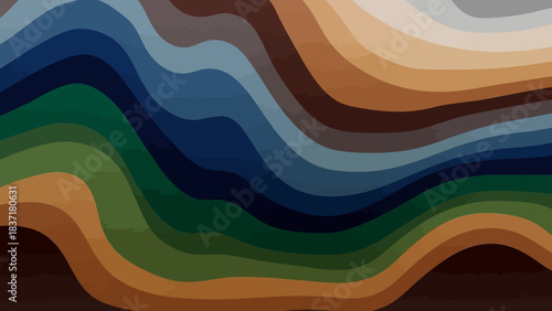Abstract wavy pattern with flowing lines in earthy and cool tones creating a topographic landscape effect.