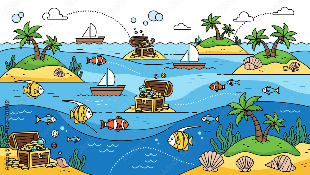Naklejka premium Cartoon pirate treasure map scene with islands, palm trees, sailboats, fish, and open treasure chests in the ocean