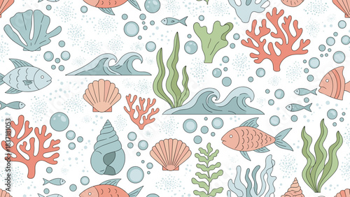 Seamless pattern with sea life fish, corals, shells, and seaweed in a light blue and coral color palette