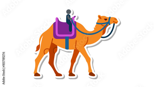 Stylized orange camel with purple saddle and blue reins walking against a black background with a simplified rider on its back showing desert transportation and travel illustration