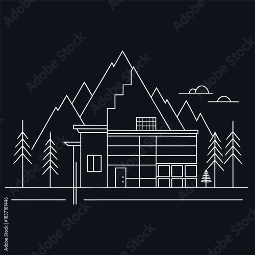 Minimal line-art illustration of a modern house in front of mountains, clean white outlines on a dark background