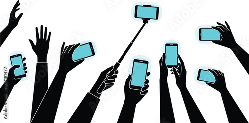 Silhouetted hands holding smartphones and selfie stick with glowing screens, ideal for social media, event, or tech vector illustration content