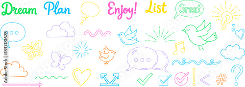 Pastel motivational words and hand drawn doodle decorative elements collection outline sketch set
