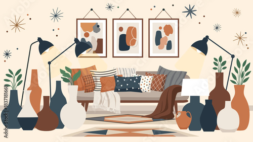 Cozy living room interior design with modern abstract art, floor lamps, sofa, pillows, and decorative vases