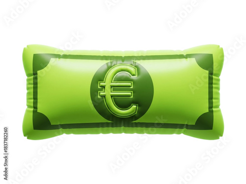 Green 3D inflatable Euro banknote icon floating. cutout on transparent background