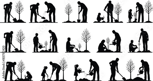 Tree planting and nurturing silhouette sequence, environmental care vector, intergenerational nature conservation, growing together with love and responsibility