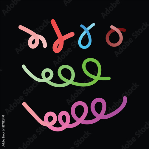 Colorful swirling lines forming loops on black background in abstract style