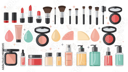 Collection of various cosmetic products and makeup tools including lipsticks, brushes, compact powders, sponges, and bottles