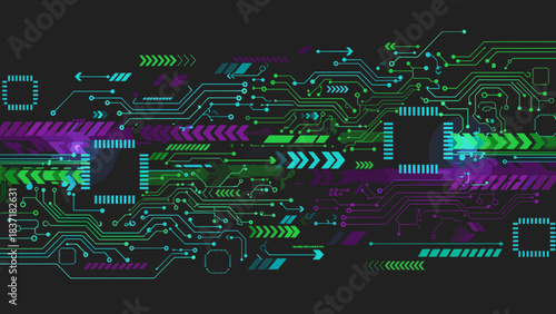 Digital technology background with glowing circuit board traces and microchips