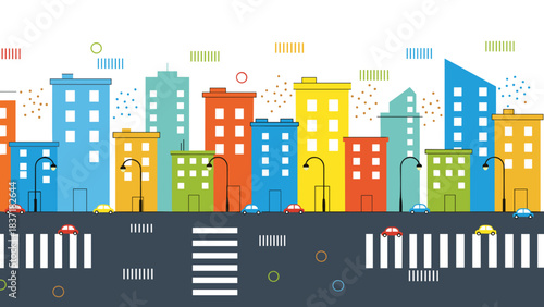 Colorful flat illustration of a city skyline with buildings, cars, and crosswalks