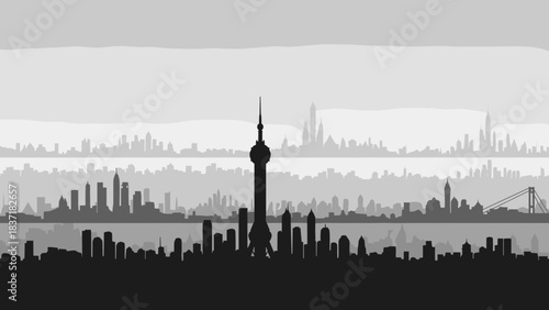 Black and white silhouette skyline of a modern city with a prominent tower over water