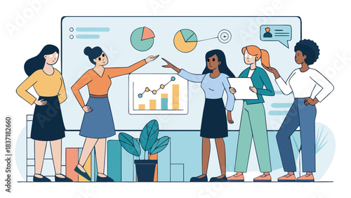 Diverse Team of Business Women Presenting Data and Market Analysis Group Collaboration and Financial Success