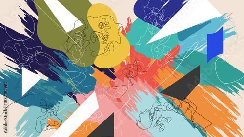 Abstract composition with colorful brush strokes, geometric shapes, and minimalist line art figures
