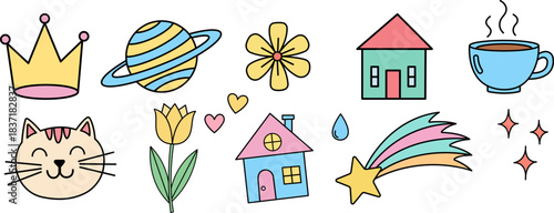 Colorful hand drawn doodle icon set with crown planet flower house cat and decorative objects sketch element collection
