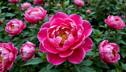 Vibrant Pink Peony Flower Blooming Amidst Lush Green Foliage in a Serene Garden Setting